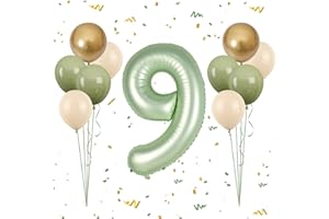 FUNHOT 40 Inch Sage Green Number 9 Balloon, Olive Green 9th Birthday Balloons, Retro Sand White Avocado Green Gold Latex Balloons Giant 9 Foil Balloon for Kids Boy Girl 9th Birthday Jungle Party Decorations