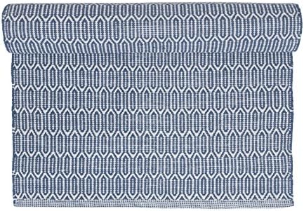 Scandinavian washable blue patterned woven cotton rug - floor runner, 70cm x 140cm