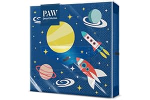 ‎PAW DECOR COLLECTION PAW - Servietten 3-lagig (33 x 33 cm) I 20 Stück I Perfekt für Kindergeburtstage, Partys, Kommunion und Feiern I Papierservietten Bunt mit Party Motiv I Kosmos, Rakete, Planeten, Granate - Space
