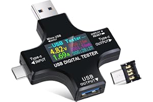 Eversame 2 in 1 Type C USB Tester Colour Screen LCD Digital Multimeter, USB C Voltage Current Voltmeter Amp Volt Ammeter Detector USB Cable Charger Indicator DC3.6-30V/0-5.1A