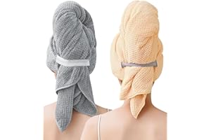BellaGesundheit 2 Stück Mikrofaser Haarturban mit Elastischem Band – 100x60 cm, Schnell trocknend & Super Saugfähig für Langes Dickes Lockiges Haar (Grau&Khaki)