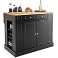 TANGZON Large Kitchen Island, Kitchen Sideboard with Extendable Rubber Wood Worktop, Drawers, Adjustable Shelves & Side Racks, Living Dining Room Cabinet Cupboard (Black Body)