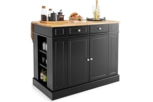 TANGZON Large Kitchen Island, Kitchen Sideboard with Extendable Rubber Wood Worktop, Drawers, Adjustable Shelves & Side Racks, Living Dining Room Cabinet Cupboard (Black Body)