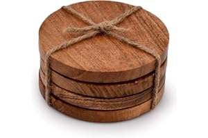 Samhita Okrągłe podstawki z drewna akacjowego, blat i powierzchnie przed śladami wody lub uszkodzeniami, dekoracja domu i biura, prezent na parapetówkę (zestaw 4 szt.) (10,16 cm x 10,16 cm x 1,27 cm)