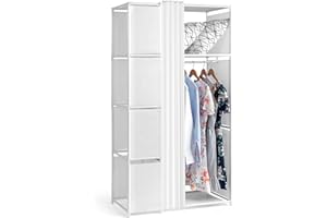 Alightup Armoire de Rangement, Penderie avec Rideau, Dressing, Armoire Métallique, avec Barres de Suspension, Porte-vêtements, pour Vestiaire, Chambre, 88 x 44 x 162 cm (Blanc, 88 x 44 x 162 cm)