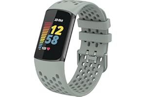 FunBand Cinturino Compatibile con Fitbit Charge 5, Cinturini Sportivo di Ricambio in Silicone Morbido Regolabile Traspirante Accessori Cinturino per Fitbit Charge 5 Activity Tracker, Grigio