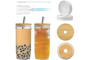 YUEYEE 24OZ Mason Jar Drinking Glasses,Glass Jars with Lids and Straws Bamboo Lids Metal Straws and Extra Airtight Lids Reusable Boba Cup Iced Coffee Cup for Bubble Tea Smoothie Homemade Drinks 2 Pack