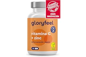 GLORYFEEL Vitamina C 1000mg + Zinc 20mg - 180 Cápsulas - Apoya el Sistema Inmunológico y Reduce la Fatiga - Vitamina C Tamponada con Protección gástrica y pH neutro - Vegano y Probado en laboratorio