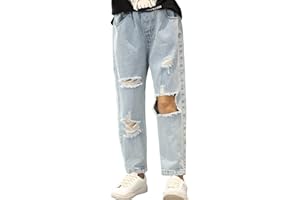 Rolanko Jeans Large Fille Bootcut Déchiré Troué Élastique Waille Denim Pantalon pour Enfants