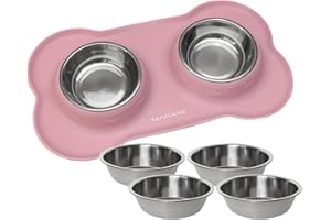 KaraLuna Tapis pour gamelle en Silicone KaraLuna avec gamelles en Acier Inoxydable I Gamelle pour Chats Gamelles pour Petits Chiens Lot de gamelles pour Chat (200ml, Rose)
