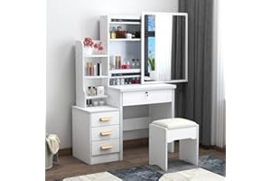 Tuelaly Dressing Table with LED Lights, Vanity Desk with Mirror/4 Drawers/Cushioned Stool, Makeup Bedroom Dressing Table with Open Shelves for Home Dorm (White-1)