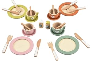 Giant bean Kinderküche Zubehör Holz, 27 Teiliges Spielküche Zubehör, Inklusive Teller und Küchenutensilien, Rollenspielspielzeug für Mädchen und Jungen, Küchenzubehör für Kinder