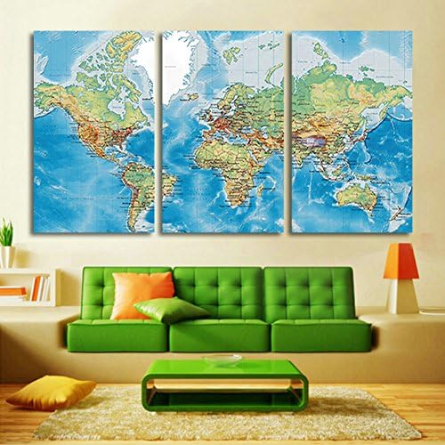 SwmArt 3 panel painting Vintage world map Moon oil painting on canvas wall art Home wall paint for living room table (no frame) Swm25 12x20 inch