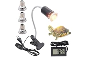 Lotvic Lampada Riscaldante per Tartarughe, Lampada Rettile e Anfibio con 3 Lampadine, e 1 Termometro per Rettile, Morsetto Girevole a 360 ° per Tartaruga, Serpente, Lucertola (Nero)
