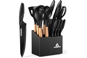 ACOQOOS Knife Set with Kitchen Utensils Set, 18-Piece Kitchen Knife Sets Includes 10-Piece Kitchen Knives & 6-Piece Silicone Kitchen Utensils for Slicing, Dicing, Storing