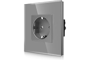 CNBINGO Szklane pojedyncze gniazdko podtynkowe w kolorze szarym – proste gniazdko Schuko z zabezpieczeniem przed dziećmi – 16 A zestyk ochronny, gniazdko ścienne ze szklaną ramą