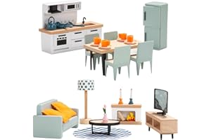 GIANT BEAN Ensemble de Meubles de Maison de Poupée en Bois et en Plastique, Ensemble de Cuisine et de Salon, 35 Pièces Accessoires de Maison de Poupée, Meubles de Jeu, Jouets pour Garçons, Filles et Tout-Petits