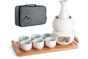 LOUTYTUO Ensemble de saké en céramique + Plateau en Bambou de Pot Plus Chaud, Boisson Chaude de Saki de poterie sûre de cuisinière, boîte-Cadeau de Stockage de saké de 10pièces