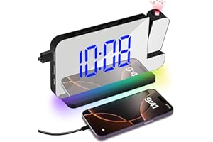 Adiwo Reloj Despertador con Proyección, Reloj con Espejo Digital LED de 7,4″ con Pantalla de 11 Color RGB, Luz Nocturna de 10 Colores, Proyector Giratorio 180º, Cargador USB (Negro)