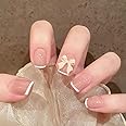 Tepengdie Short Press on Nails 24PCS French Nails with White Bowknot Fake Nails with Glue Artificial Stick on Nails Full Cover Nails Tips for Women and Girls Nude Pink (Short Press)