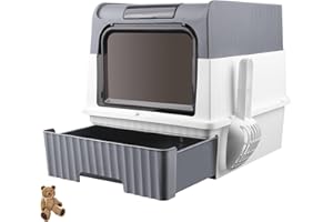 LANTUS Grande Maison de Toilette Chat Pliable,Bac de Tiroir et Pelle à Litière,Portable,Bac à Litière Fermé Compartiment Inférieur Amovible pour Un Nettoyage Facile 49 * 37 * 35 cm-Gris