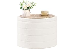 Bonlife Large Round Ottoman with Storage,Folding Boucle Stool,Ottoman Coffee Table,Chest Toy Box,Footstool for Living Room,Bedroom,White,56x56x40cm