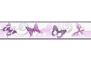 BRICOFLOR Frise papier peint motif papillon Frise tapisserie chambre enfant rose et violet Frise murale à motif idéal pour chambre de fille
