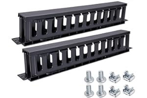 QSFPTEK Gestion des câbles 1U, Gestionnaire simple face horizontal à 24 emplacements, Rails de rack de 19 pouces Rack de serveur de gestion de fil, Conduit de doigt avec couvercle, Profondeur de 3,45