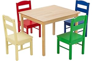 GIANTEX 5 Pezzi Set Tavolo per Bambini con 4 Sedie, Tavolo da Gioco per Bambini, Mobili per Bambini in Legno di Pino, per Asilo e Cameretta dei Bambini, Multicolore (vivace)