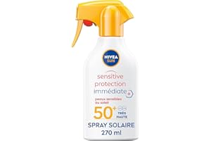NIVEA SUN Spray solaire Sensitive Protection Immédiate Peaux Sensibles FPS 50+ (1 x 270 ml), Protection anti UV non grasse et sans parfum, Crème solaire résistante à l’eau