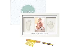 HuBorns – Marco huellas bebé recién nacido con arcilla, kit completo para huella pie y mano, cuadro recuerdo original, regalo bebé niño o niña y decoración habitación infantil