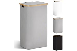 YOUDENOVA Tvättkorg med lock, 85 liter, smal, med tvättsäck, stor hopfällbar tvättsorterare av trä och bambu, hög