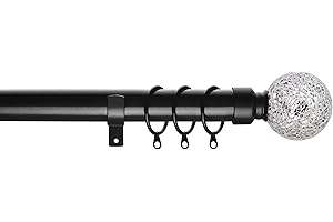 Home Harmony® Cut Glass Ball Finial Telescopic Extendable Curtain Pole set In Black or Silver and Matching Holdbacks Available (Black, 120-210 cm)