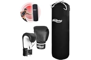 Physionics® Sac Frappe - Rempli, 100cm/25kg, Gants, 4 Chaînettes, Mousqueton, Crochet Pivotant - Boxe Adulte, Punching Bag, MMA, Muay Thai, Kickboxing, Arts Martiaux