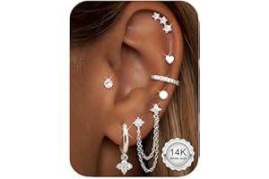 CASSIECA 7 Paires Boucles d'Oreilles Femme Acier Inoxydable Piercing Oreille Cartilage Boucles d'oreilles Dangle Chaîne Pendantes Creoles Piercing Tragus Anneaux Conch Lobe Helix Piercing Or Argent
