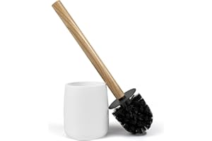 Nadi Collection | Escobilla de baño-WC-Inodoro | Forest | Resina y Madera bambú | Cepillo Negro Desmontable | 10.5 cm ø x 36 cm Alto (Blanco Mate)