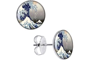 GENERIC Boucles d'Oreilles Grande Vague Kanagawa et Mont Fuji Clous Japon puces montagne japonaise rondes peinture cadeau anniversaire st valentin homme femme bijou garçon fille fête mères mamans pères papas