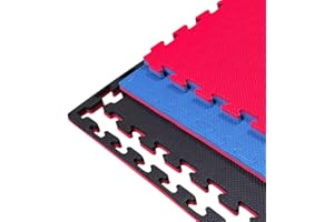 JOWY Tatami Puzzle para Gimnasio, Artes Marciales, Judo, Karate, Taekwondo, Yoga, Fitness y Zonas de Estiramiento | 1x1m | 2,5 cm Grosor | Acabado T | Color Rojo/Azul (6 Unidades)