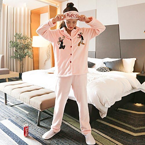 CUI Autumn and Winter Home Service Flannel Christmas Cartoon Ladies Long-Sleeved Pajamas Suit Goggles,Pink,XXL