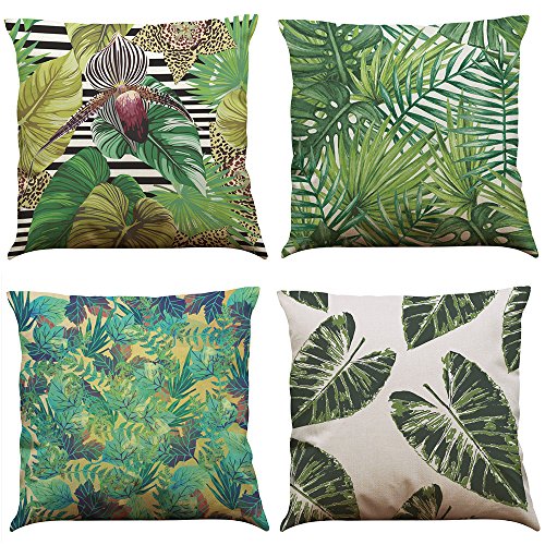 MStar 4 pieza verde hojas Impreso costura almohada 45 x 45 cm lino de algodón transpirable funda de cojín almohada