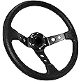 Acclcors Universal Racing Steering Wheel, Drifting Steering Wheel, 350mm/14in Deep Bottom with Horn Button, 6 Bolt Grip Vinyl Leather for Racing/Rally/Motorsport/Car Sim Driving (Black)