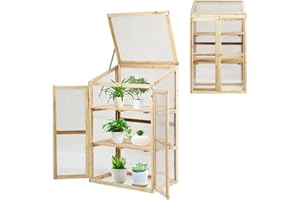 HOMASIS Serre de Balcon PC en Verre, Petite Serre de Jardin avec 2 Etagères et Portes, Serre de Terrasse en Bois d'Epicéa, Miniserre de Jardin pour Légumes Plantes Fleurs 60 x 45 x 100 cm, Naturelle