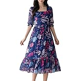 SMOWKLY Women's Georgette Floral Printed Western Gown || Half Sleeve V Neck Fit & Flare Flared Hem Design || A-Line Maxi Dres