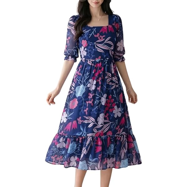 Buy RAABTA FASHION Women's Maxi Dress Georgette A Line Attached Half  Sleeves Top Black Hope Print with Belt Coverage (Size: L) at Amazon.in