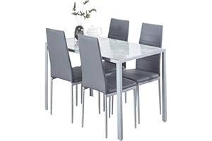 TRESBIEN Dining Table and Chairs Set 4, Modern Marble Effect Glass Dining Table and 4 Faux Leather Chairs