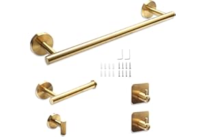 ATLIBERSWO Porta Asciugamani Bagno, Set accessori bagno, 5 pezzi, da parete, comprendente 1 porta asciugamani, 1 porta rotolo di carta igienica e 3 ganci per asciugamani, adatto per bagno e cucina (Oro)