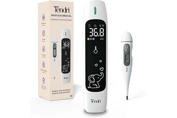 Tendri Pack Duo Thermomètre Frontal Bébé Sans Contact (Précision selon l'Âge) & Numérique Oral & Rectal – Marque Française – Idéal Naissance – Précis & Silencieux – Enfant & Adulte – CE Médical
