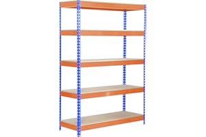 Simon Rack Estanteria Industrial, 2000x1200x600 mm, 300 kg de Punto Flexión, 5 Estantes Madera, Estanterias Almacenaje, Estanterias Metalicas, Azul/Naranja/Madera - SimonTaller