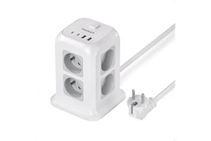 TESSAN Tour Multiprise avec Interrupteur, 12 en 1 Prise Multiple avec 8 AC et 4 USB, Multiprise USB C et Rallonge Electrique 2M, Multi Prise Electrique Convients pour Bureau, Maison, 4000W, Gris