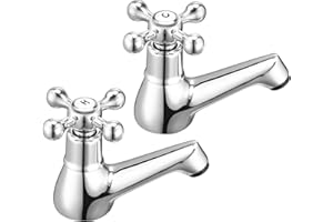 Wasserrhythm Basin Pillar Taps Pair Twin Bathroom Sink Taps Victorian Traditional Chrome Brass Cross Lever Two Wash Basin Tap Hot and Cold Taps Separate 2 Holes